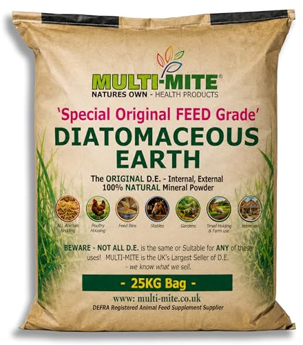 Multi-Mite 25KG Bag Feed Grade Diatomaceous Earth DE Powder for Dogs Cats Poultry Animal Bedding & Housing Pet Areas, Stables, Gardens. 100% Natural Highly Absorbent & Desiccating DEFRA Registered