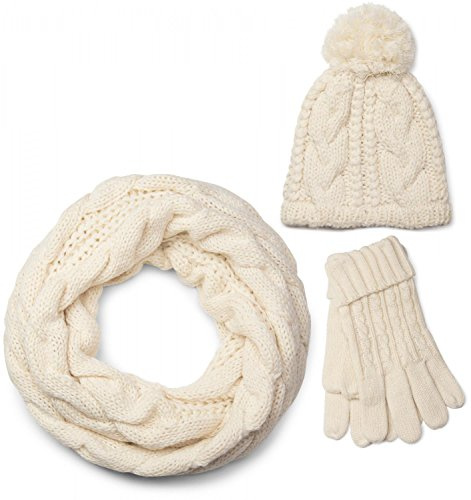 styleBREAKER set coordinato di sciarpa, cuffia e guanti, sciarpa in maglia con motivo intrecciato con cuffia a pon pon e guanti, donna 01018208, colore:Crema-Beige/Sciarpa Loop