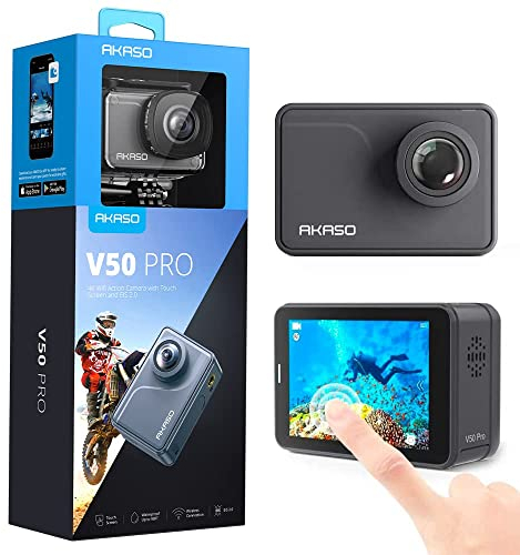 AKASO Cámara Deportiva Nativo 4K/30fps 20MP WiFi Cámara de Acción con Pantalla táctil Cámara Sumergible Acuática 30M 170° Gran Angular Control Remoto EIS 2 Baterías Multi Accesorios (V50 Pro)