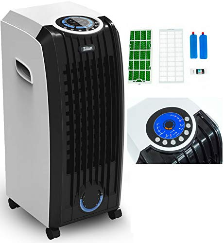 Zilan, Enfriador de Aire con Pantalla Led y Control Remoto, Enfriamiento, Limpieza, Humectación, Temporizador de 7,5 Horas, Pantalla Táctil LED, tanque de agua de 7 litros, 4 cajas diferentes