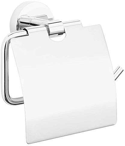 tesa EXXCELLENT Toilettenpapierhalter mit Deckel, verchromt - zur Wandbefestigung ohne Bohren, inkl. Klebelösung - 138mm x 140mm x 52mm