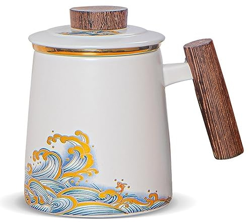 DISDADA Tekopp med Lock Och Sil, 500ml Stor Te Kopp med HåL, Keramik Infusionskoppar med I Trä Handtag, för Lös Te Blad Kaffe TepåSar (färg: Vanliga Vita Vågor)