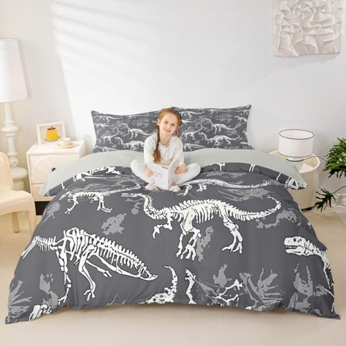 Dinosaur Duvet Cover Set Dinos Fossil Skull Comforter Cover for Kids Teen Boys Young Man Series Bedding Set Child Room Decor Ancient Animals Skeleton Bones Quilt Cover 3Pcs Queen Size Grey