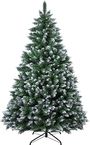 6FT 1,300 Tips Artificial Christmas Pine Tree Fake Xmas Spruce Trees Holiday Decoration with Metal Stand Easy Assembly for Outdoor and Indoor Decor Snow Green