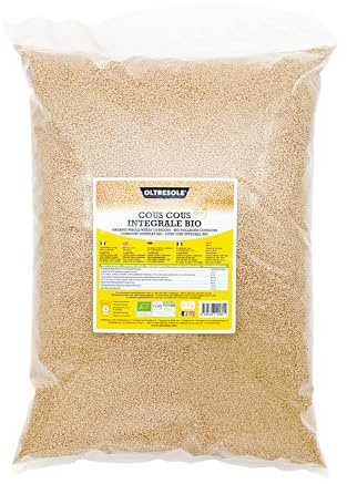 Oltresole, Organic Wholemeal Cous Cous 5 kg, Grains de farine de blé dur complète biologique, idéal pour des entrées et des accompagnements sains, format pratique