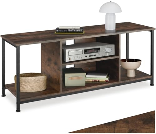 tectake® Industrial Lowboard, TV Ständer Regal, Kommode mit 4 offenen Fächern, 110/120 x 40 x 50,5 cm, Fernsehtisch, TV Board, Wohnzimmer Möbel, Sideboard - 120 cm, Industrial Holz dunkel, rustikal