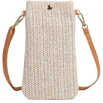 Dasellfa Sac Bandoulière Femme, Pochette Telephone Portable, Sacs Tissés en Paille Décontractée pour Femmes, Sacs à Bandoulière Tissés, Sacs pour Téléphone Portable (Blanc cassé)