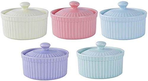 YZJSSL Moldes de Porcelana para Hornear, Mini cazuela con Tapa, Fuente para Hornear, Juego de tazones de pudín de 5, tazón de Postre, 5 Piezas