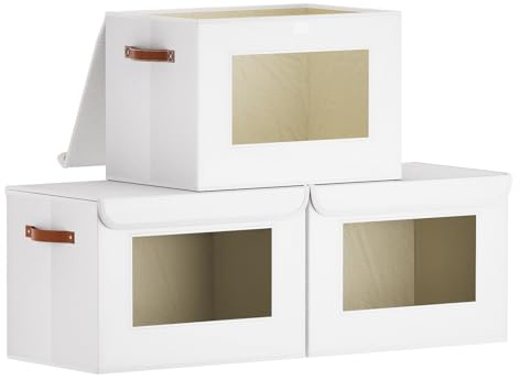 YheenLf Aufbewahrungsbox mit Deckel,3 Stück,Weiß Faltboxen,45x30x30cm | Schrank Organizer Kleiderschrank,Aufbewahrungsboxn mit Fenster,Faltbox mit Griff,Aufbewahrungskorb,Ordnungsboxen
