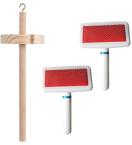 2 Stück Wool Hand Carders mit Tropfspindel Drop Spindle Top Quirl Yarn Spin Handgeschnitztes Holzwerkzeug Nadelfilzwerkzeuge für Garn Weben Mischen Roving Craft Projekt Kit Supplies