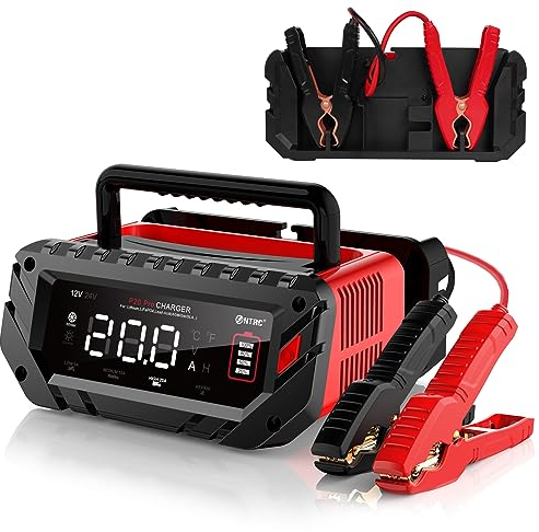 HTRC 12V/24V Autobatterie Ladegerät, 20A Ladegeräte für Autobatterien, Batterieladegerät KFZ für Auto, Motorrad, Rasenmäher, Boot, Lithium, LiFePO4 und Blei-Säure(AGM, Gel, MF, EFB, SLA, VRLA, Wet)