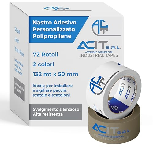 ACIT Personalisiertes Klebeband, Verpackungsband für Pakete und Umzugskartons, personalisiertes Klebeband mit Logo, 72 Rollen 2 Farben, 66 oder 132 m (132 mt)