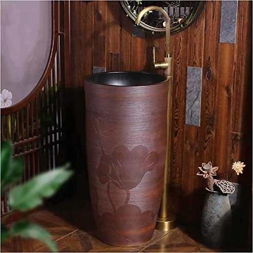 Vanity Unit with Basin,Bathroom Basin Sink with Full Pedestal, Pedestal Sink Handcrafted Ceramic wash Basin Pedestal washbasin Kaolin Clay Round Freestanding Sink with Drain & Fauc