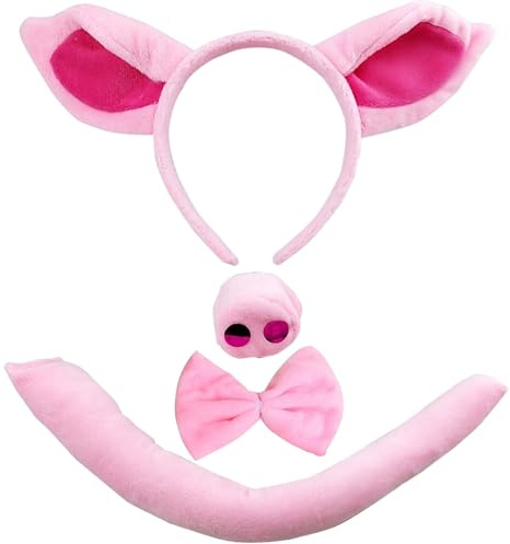 Chyuxinda 4er Tier Schwein Kostüm Schweinohren Stirnband Schwanz Fliege und Schweinenase für Tierkostüm Cosplay Geburtstagsparty Halloween Partyzubehör Karneval
