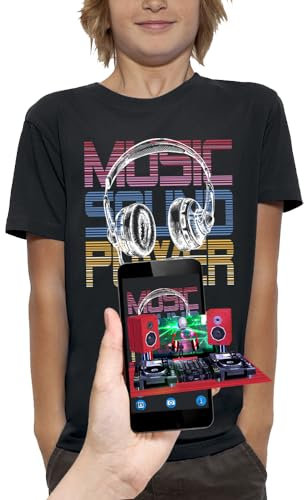 PIXEL EVOLUTION T-Shirt 3D Cuffie DJ - Music Sound Power - Maglietta 3D in realtà aumentata per bambini, Nero , 12 Anni