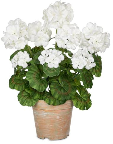 Briful Künstliche Geranien-Topfpflanze, 40,6 cm hoch, realistische Seidenblumen mit lebhaften grünen Blättern, weiße Geranien, künstliche Blumen für den Außenbereich, Heimdekoration, Hochzeit,