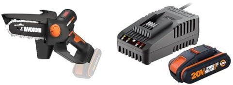WORX NITRO - Elagueuse - Mini tronçonneuse sans fil 20V - Lame de 12 cm - WG325E.9 & Kit de démarrage pack Batterie et chargeur rapide 20V - PowerShare - WA3601