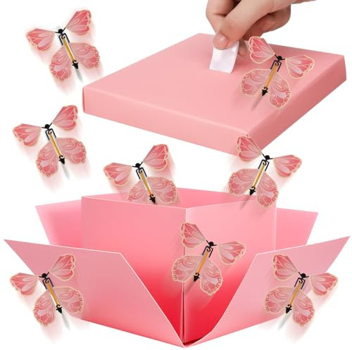 XLSXEXCL Caja de regalo de cartón de explosión de mariposa, caja sorpresa de mariposa voladora para cumpleaños, bodas, aniversarios, Navidad (rosa)