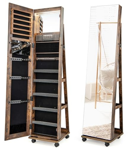 Spiegel Mit Schmuckschrank, 360°-Schmuckschrank mit Rollen, abschließbarer Schmuck-Organizer mit Ganzkörperspiegel, 3-farbige LED-Leuchten, höhenverstellbare Regale, stehender Schmuckschrank als Gesch