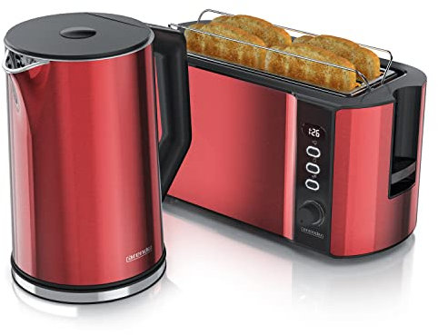 Arendo - Wasserkocher mit Toaster SET Edelstahl Rot, Wasserkocher 1,5L, 40° 100°C Warmhaltefunktion Toaster 4 Scheiben LED-Display 6 Bräunungsgrade Brötchaufsatz