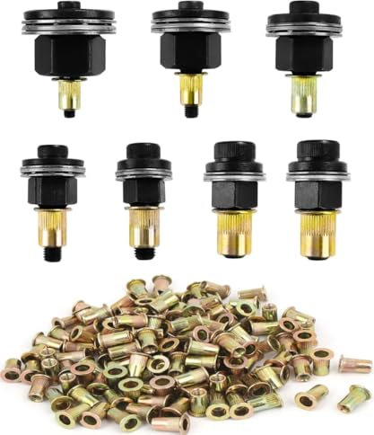 217 pezzi Rivettatrici Manuali di Teste Set, Contiene 210 pezzi ciascuno di dadi M3/M4/M5/M6/M8/M10, Rivettatrice per Inserti Filettati, Mandrino Punte Trapano Metallo per Rivettatrice
