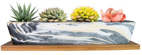 ARTKETTY Succulent Pots, 9.8 Inch Ceramic Succulent Planters with Drainage Small Bonsai Pot with Bamboo Tray, Mini Cactus Flower Planter Pot Shallow Rectangular Window Planters for Indoor Plants | Small Cactus Flower Planter Pot Shallow Rectangular Window Planters for Indoor Plants
