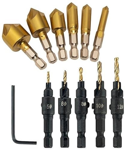 BRIOTA 12 Pcs Countersink Drill Bits Set, Titanium Coated High Speed Steel Counter Sinker Drill Bits with 1/4 Hex Shank, 5 Flute 90° Chamfer Tool (6mm-19mm) for Wood, Plastic, PVC, and Soft Metal