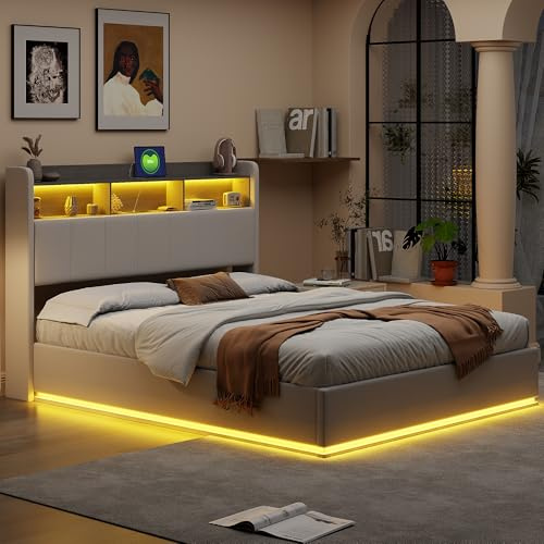 WohlKunst Polsterbett Doppelbett 160x200 cm, LED Bett mit Bettkasten, Stauraumbett mit USB-Ladefunktion, Jugendbett mit Stauraum Kopfteil, Hydraulisch Bettgestell mit Lattenrost, Weiß, Ohne Matratze
