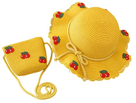 cfpqv Conjunto de sombreros de paja tejidos, gorros de paja anchos, sombreros para el sol, sombreros de playa, tejidos, traje de bolsillo, actividades al aire libre, gorro niña, amarillo, Talla única
