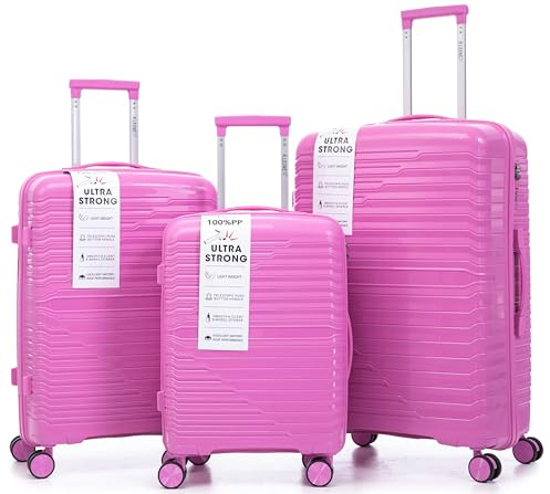 R.Leone Valigia da 1 Fino a Set 3 Bagaglio a mano 55x40x20 Ryanair, Medio, Grande Ultra Strong Antiurto Trolley leggero 8 ruote Polipropilene 6080 (Fucsia, Set 3 Pezzi S M L)