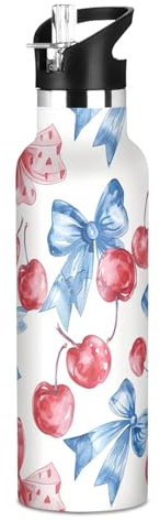 Bottiglie d'acqua rosse e blu con fiocchi di bacche per ragazze e bambini, a doppia parete, isolamento sottovuoto, in acciaio inox, tazze da viaggio per bambini con coperchio con cannuccia, per