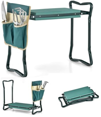 Gaxcent Höhenverstellbare Kniebank für Gartenarbeit Belastbarkeit 160KG, Gartenhocker Klappbar mit Werkzeugtaschen, Kniehilfe für Gartenarbeiten 60 * 50 * 28 cm,Grün