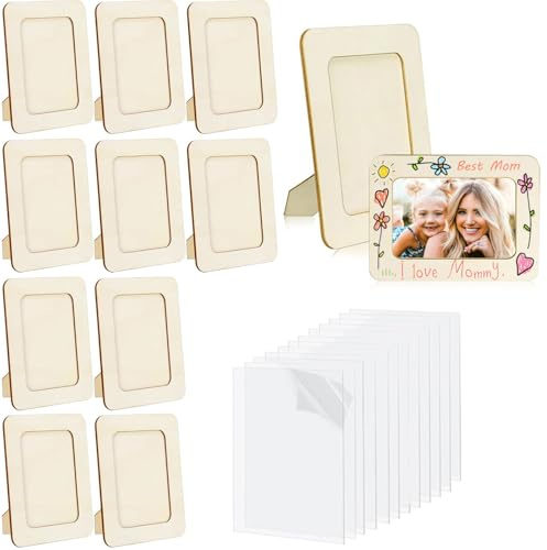 MineIdea 12 PCS DIY Wooden Picture Frames with Protector Films, 4 x 6 in Photos Wood Picture Frames for Crafts, Unfinished Wood Frames Craft Kit for DIY Craft (12pcs with protecor films)