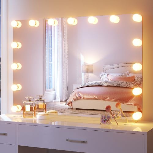 SONNI Hollywood Schminkspiegel 100x70 cm, Großer LED Spiegel mit Steckdose | 15 LEDs HD-Spiegel mit Touch, Memory, 3 Lichtfarben & dimmbar. Wandmontage/Standfuß (kippsicher), ideal für den Schminktisch
