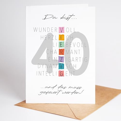 Lovely Cards - Karte zum 40. Geburtstag Frau Mann- Premium Glückwunschkarte Frau 40 Jahre - Geburtstagskarte Mann 40 Jahre - schöne Karte als Geschenk zum 40. Geburtstag Freundin - Grußkarte A6