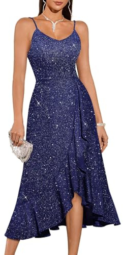 DRESSTELLS Cocktailkleid Damen Festlich Träger Hochtief Kleid für Hochzeit Knielang Weihnachtsfeier Kleider Elegantes Partykleid | Elegantes Partykleid für Hochzeit, Asymmetrischer Saum Midikleid, Rüschensaum Sommerkleid, Knielang Weihnachtsfeier Kleid
