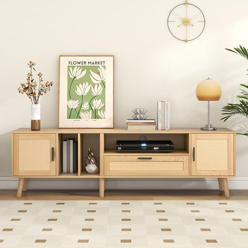 Tizz Mueble de TV Bajo de Madera para Televisores de hasta 80 Pulgadas, Mueble Salon TV con Decoración de Ratán, 2 Puertas, 1 Cajón, Mueble Decorativo para Sala de Estar y Habitación, Largo 180 CM