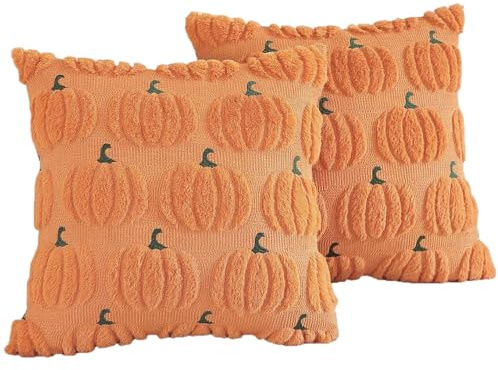 Kouoybt Halloween Pillow Covers, Pumpkin Spooky Ghost Cushion Covers, Soft 3D Sewing Throw Pillow Cases for Sofa Bed Couch Halloween Decorations (Orange-2Pcs, 45cm*45cm)
