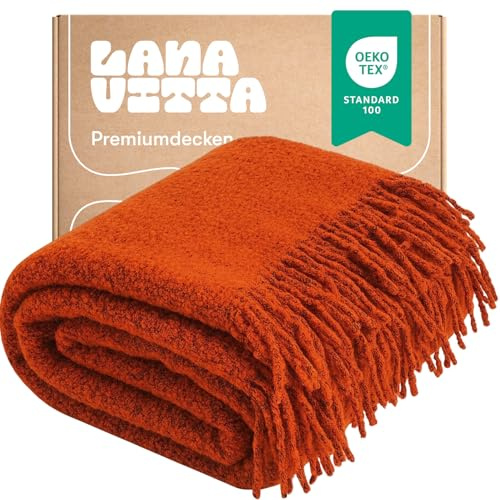 Lanavitta – Bouclé Wolldecke „Premium“ – Kuschelige Tagesdecke & Plaid – Sofadecke, Couchdecke, Bettüberwurf & Sesseldecke – 80% Wolle, 20% Polyester – Orange – 140x200 cm