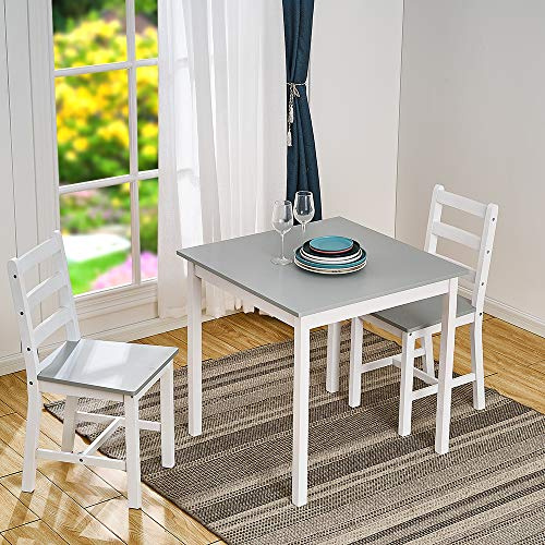 Panana Pine Wood Dining Table and 2 Chairs Set, 3-Piece Home Kitchen Furniture Set (Grey White)