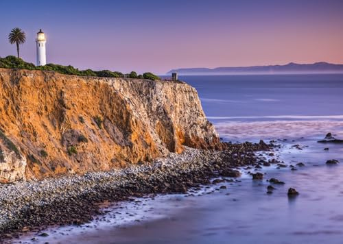 CORFOTO 1.5x1m Sfondo con faro della California, costa, sfondo con faro sul mare, cielo viola, paesaggio marino, sfondo, decorazioni per feste, studio fotografico