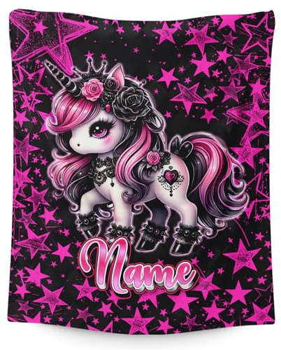 GiftRomance Personalisierte Kuscheldecke für Mädchen mit Name – Weiche Fleece Decke mit Einhorn Motiv, Kinderdecke für Sofa, Bett, Reise, Geschenk Idee
