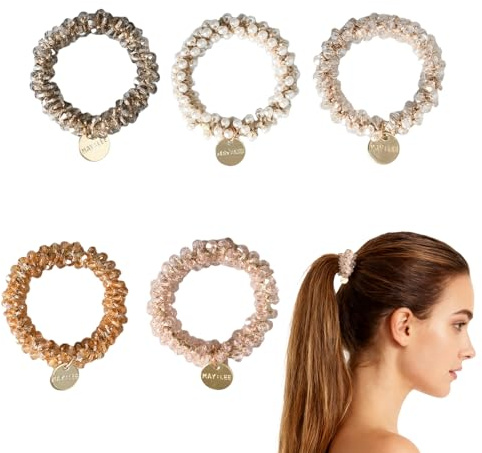 5 Pezzi Strass Di Perle Elastici Capelli Donna, Elastici Per Capelli Coda Di Cavallo, Elastiche Scrunchies, Adatto A Donne E Ragazze(Bianco, Grigio Scuro, Beige, Champagne, Champagne Chiaro)