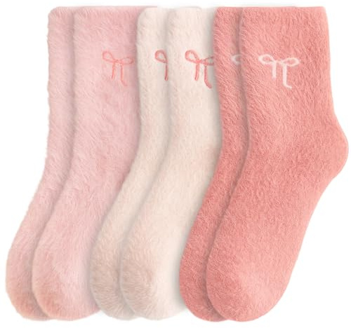 HSHEMBER 3 Pairs Pink Fluffy Socks, Ladies Fluffy Socks, Cozy Socks for Women with Soft Plush Interior, Non-Slip Grips for Home Wear, Ideal for Relaxing and Lounging