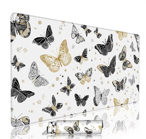 Tapis de Souris Blanc sous Main Bureau Tapis de Souris Gaming XXL 1400x600x3mm Mouse Pad Caoutchouc Papillon Grand sous Main Gamer Accessoires PC Imperméable, pour Clavier Ordinateur Portable w-6396