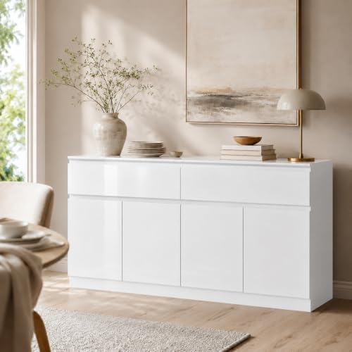 PREMTURE Modernes Sideboard Weiß Hochglanz, Kommode mit 2 Schubladen & 3 Türen, Stauraumschrank 155 x 40 x 83 cm, Anrichte für Wohnzimmer, Esszimmer oder Flur