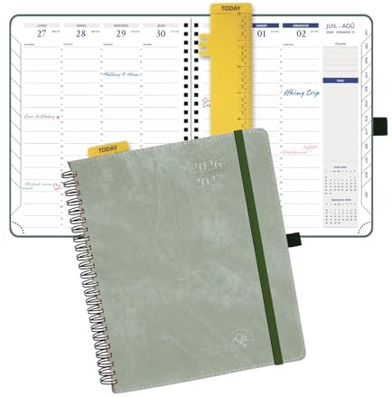 POPRUN Kalender 2026 2027 Wochenplaner A5+ Spiralbuch auf Deutsch | 18 Monate Monatskalender,(Jul.2026-Dez.2027),mit PU-Leder Softcover,mit 30-Minuten-Taktung & Monatsregister(Olivgrün)