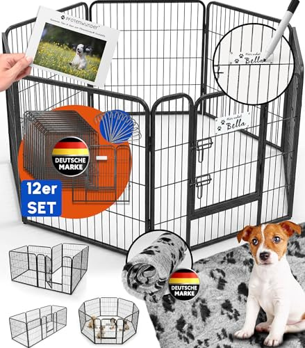 PFOTENWUNDER® Welpenauslauf 8/12-teilig, 80cm hoch, 2x2m + 1 Hundebett, 1 Trainingsbuch | Welpenlaufstall, Hunde-Laufstall faltbar für die Wohnung + Tür, Welpengehege Tierlaufstall Indoor Outdoor