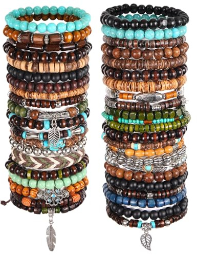 Mikovivi 43pcs Boho Wooden Beaded Bracelet Set, Adjustable Bohemian Hippie Vintage Punk Wooden Bead Bracelet Jewelry for Men Women Commemorative Gift(Mixed Colored)