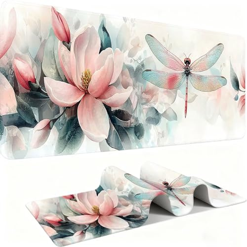 Tapis de Souris 600x300mm Tapis Souris Gamer, Mousepad de Bureau Ultra Mince Base en Caoutchouc Antidérapante Lavable Vitesse précision Améliorées pour PC, Ordinateur, Travail-Libellule Fleurs C0P-326